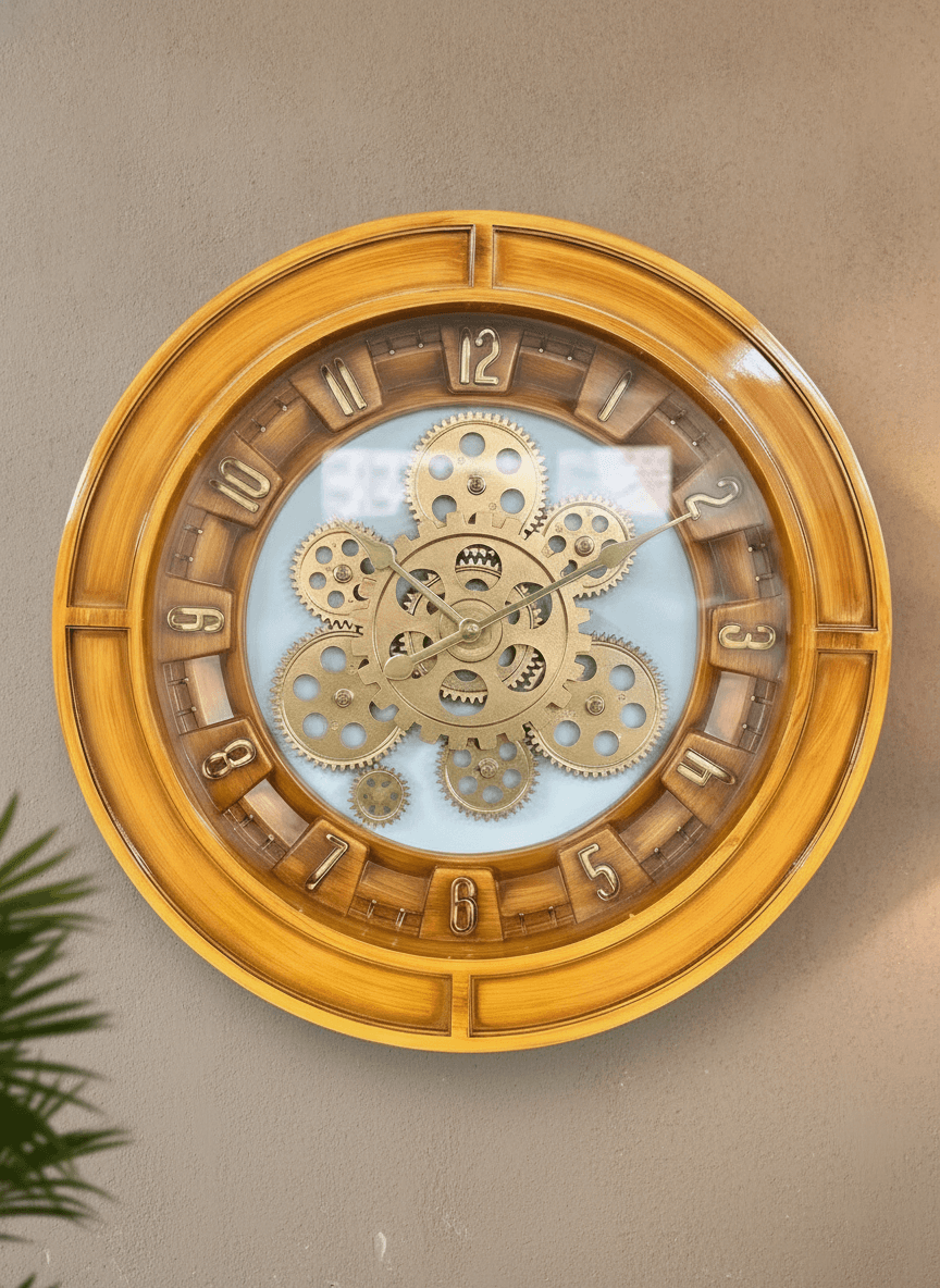 Industrial Wall Clock With Visible Gears Black & Copper Accents styled in a room setting 4