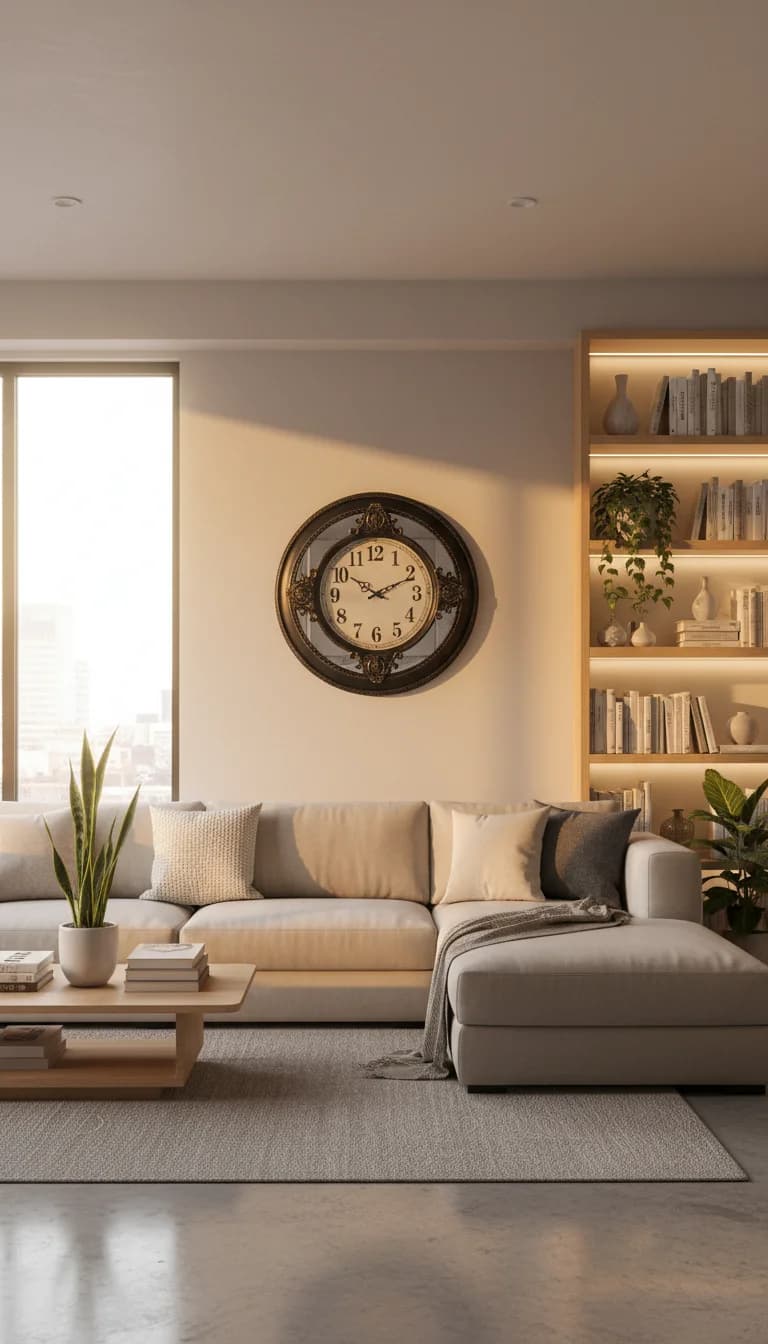 Elegant Mirrored Wall Clock styled in a room setting 1