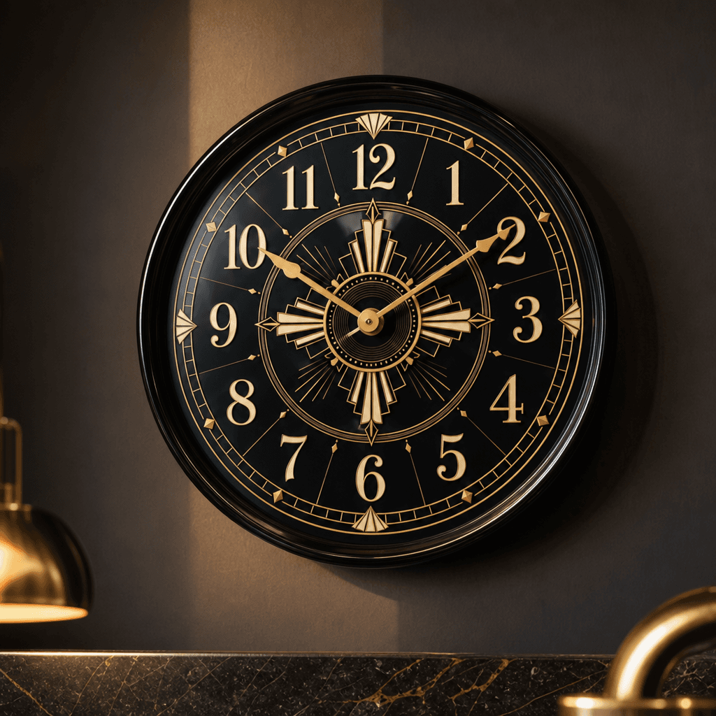 The Clock Factory 031 Tribal Art Deco Black & Gold Wall Clock on wall color