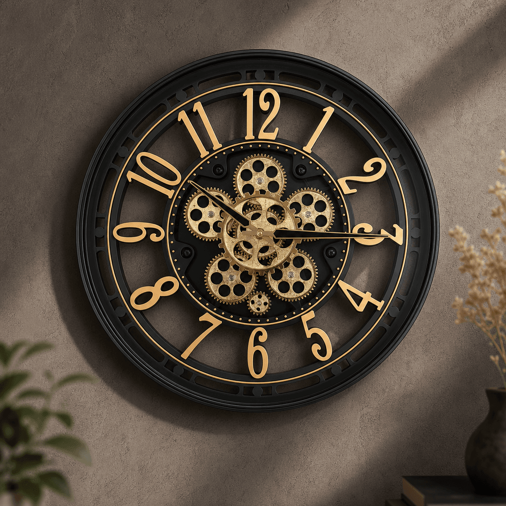 Industrial Gear Skeleton Wall Clock styled in a room setting 2