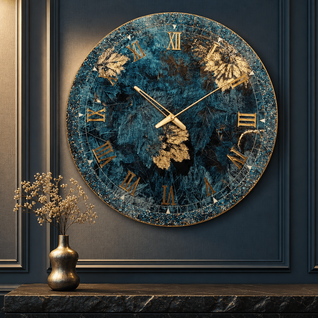 The clock Factory 24-inch Teal and Gold Leaf Resin Wall Clock styled in a room setting 3