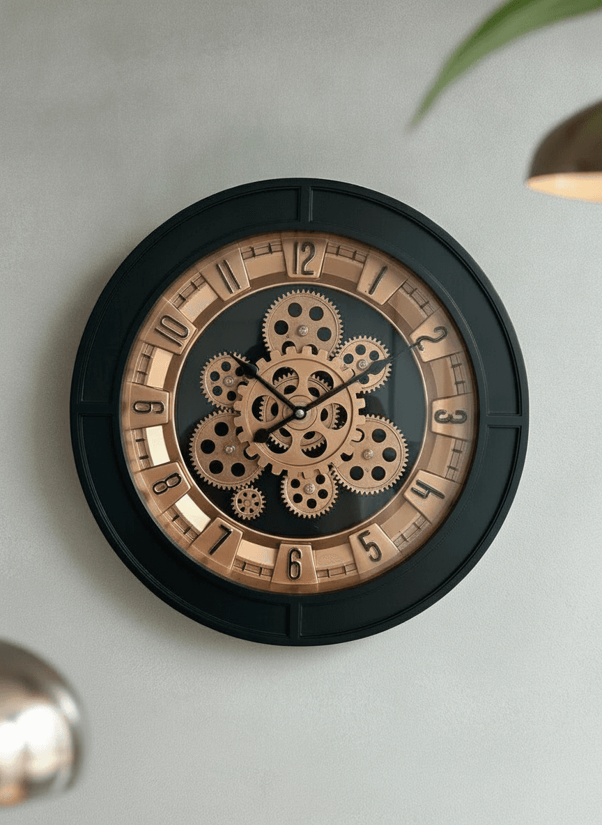 Industrial Wall Clock With Visible Gears Black & Copper Accents on wall color