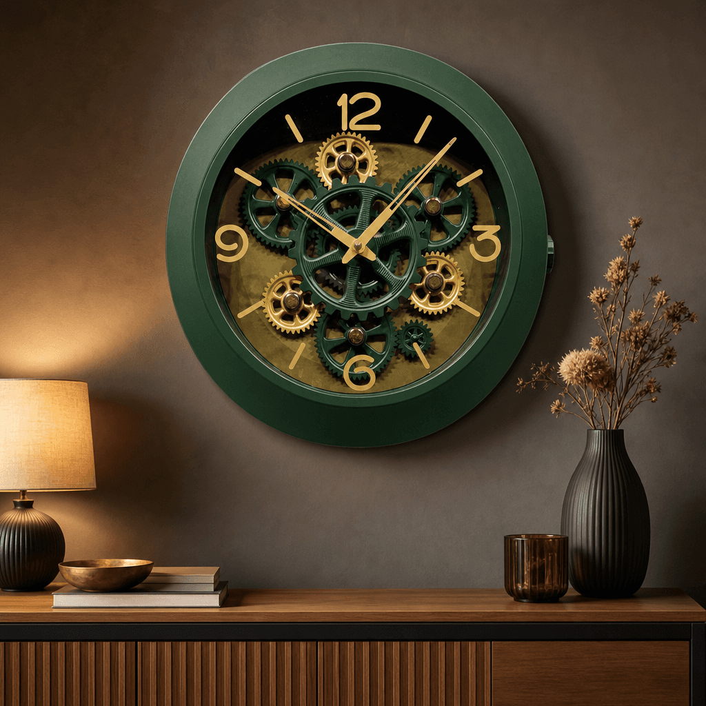 Rg 06 Green Wall Clock With Exposed Gears, 14x12 Inch styled in a room setting 3