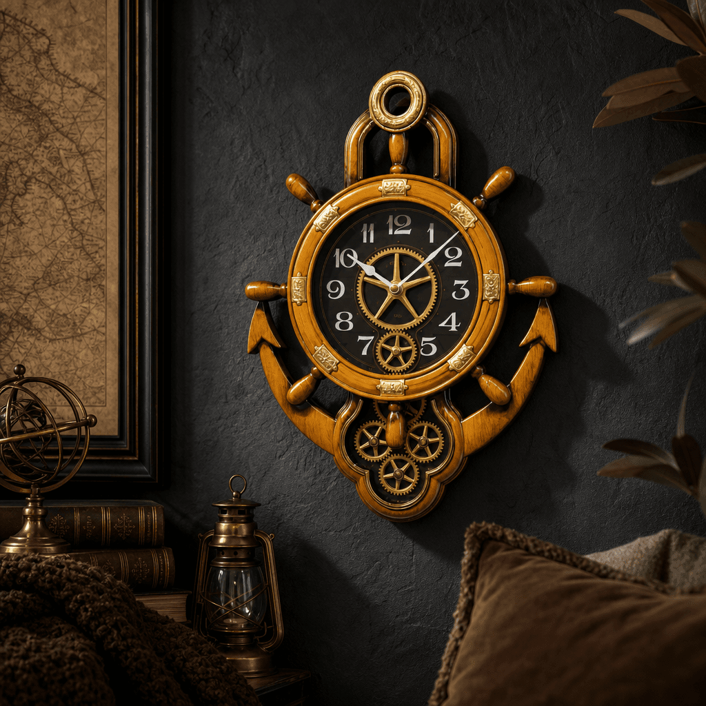 Real RG07 Brown Wood Anchor Ship Wheel Wall Clock 24x17 inch styled in a room setting 3