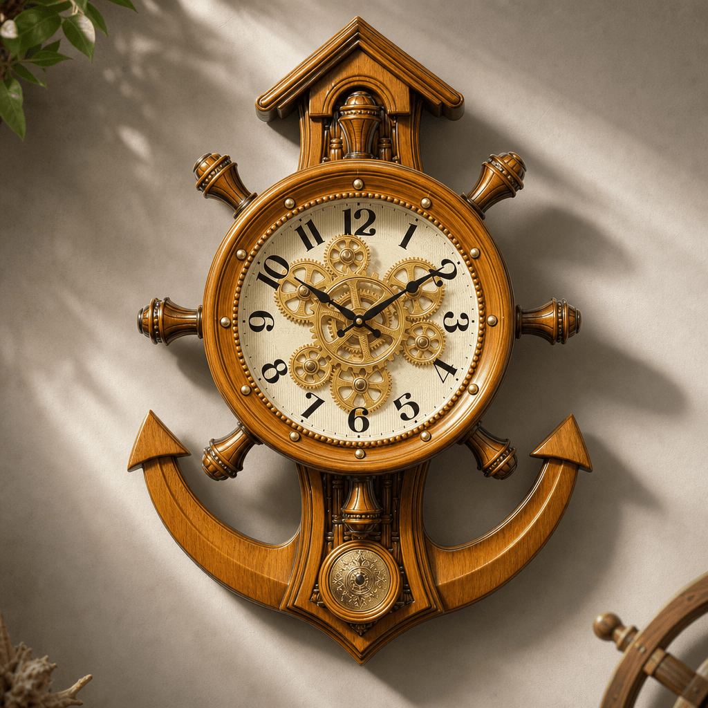 Rg 04 Nautical Ship Wheel Wall Clock With Anchor And Exposed Gears Light Ivory Wood Finish, 30x23 Inch styled in a room setting 2