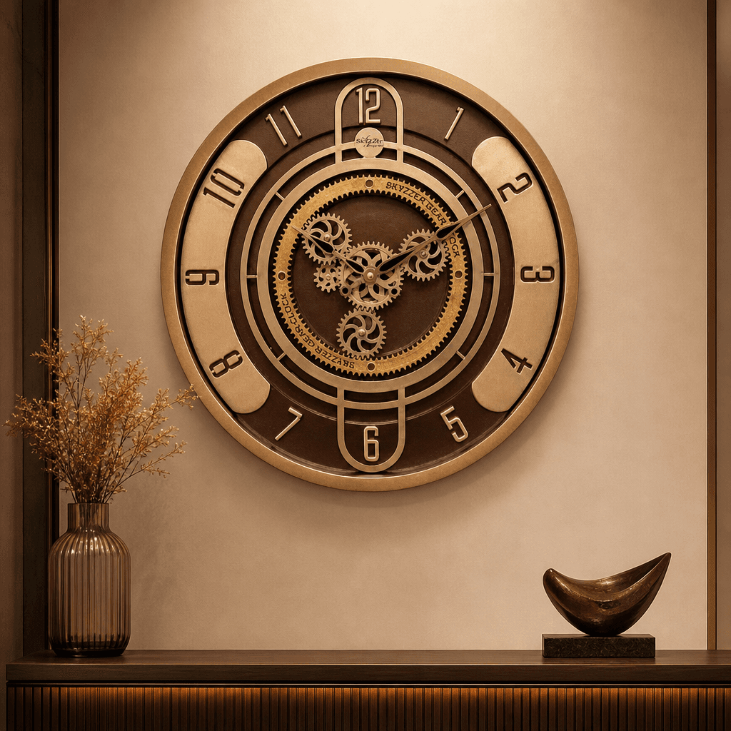 Bronze & Dark Brown Decorative Gear Wall Clock styled in a room setting 3