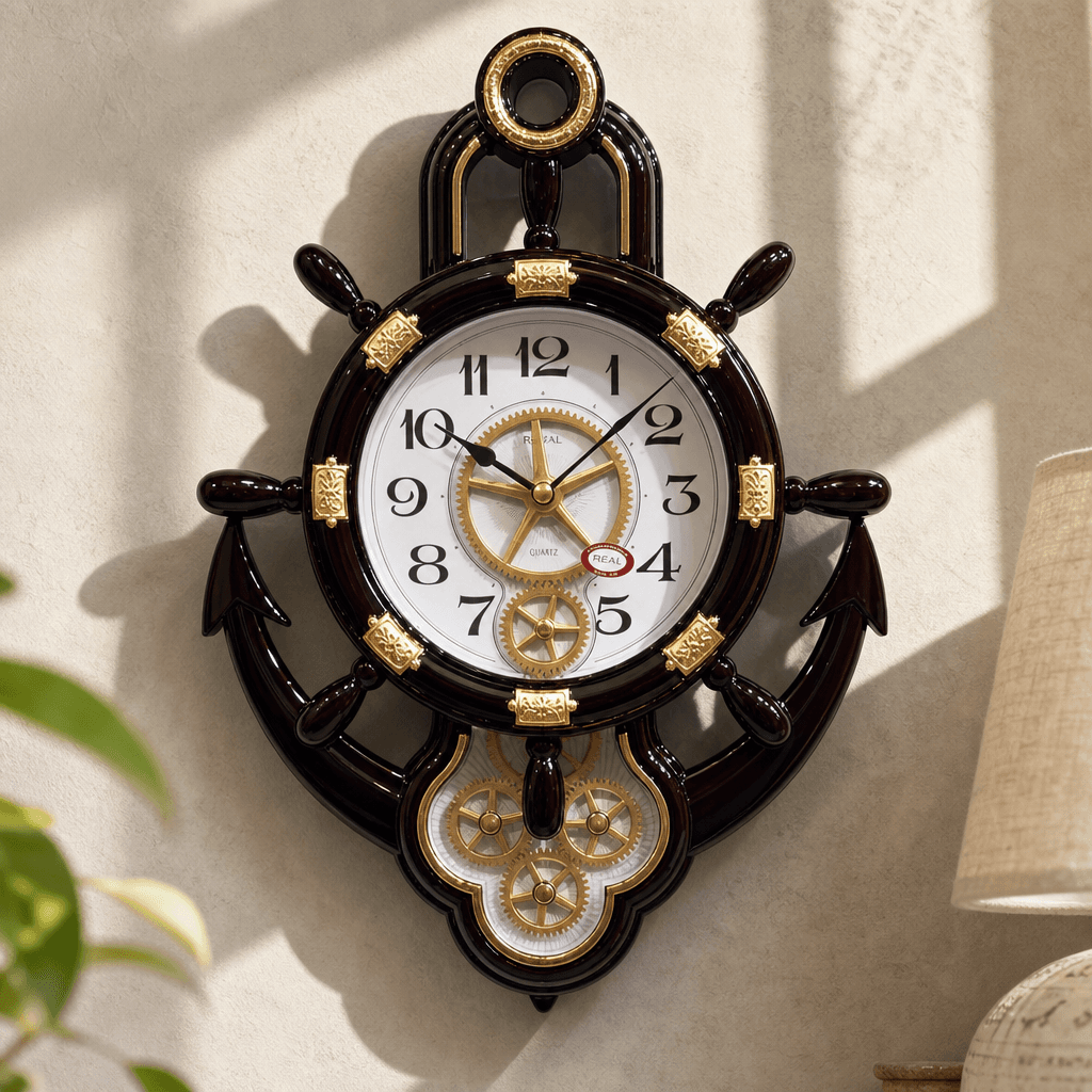 Real RG07 Nautical Ship's Wheel Wall Clock with Anchor Base, Very Dark Cherry Wood Finish dimensions