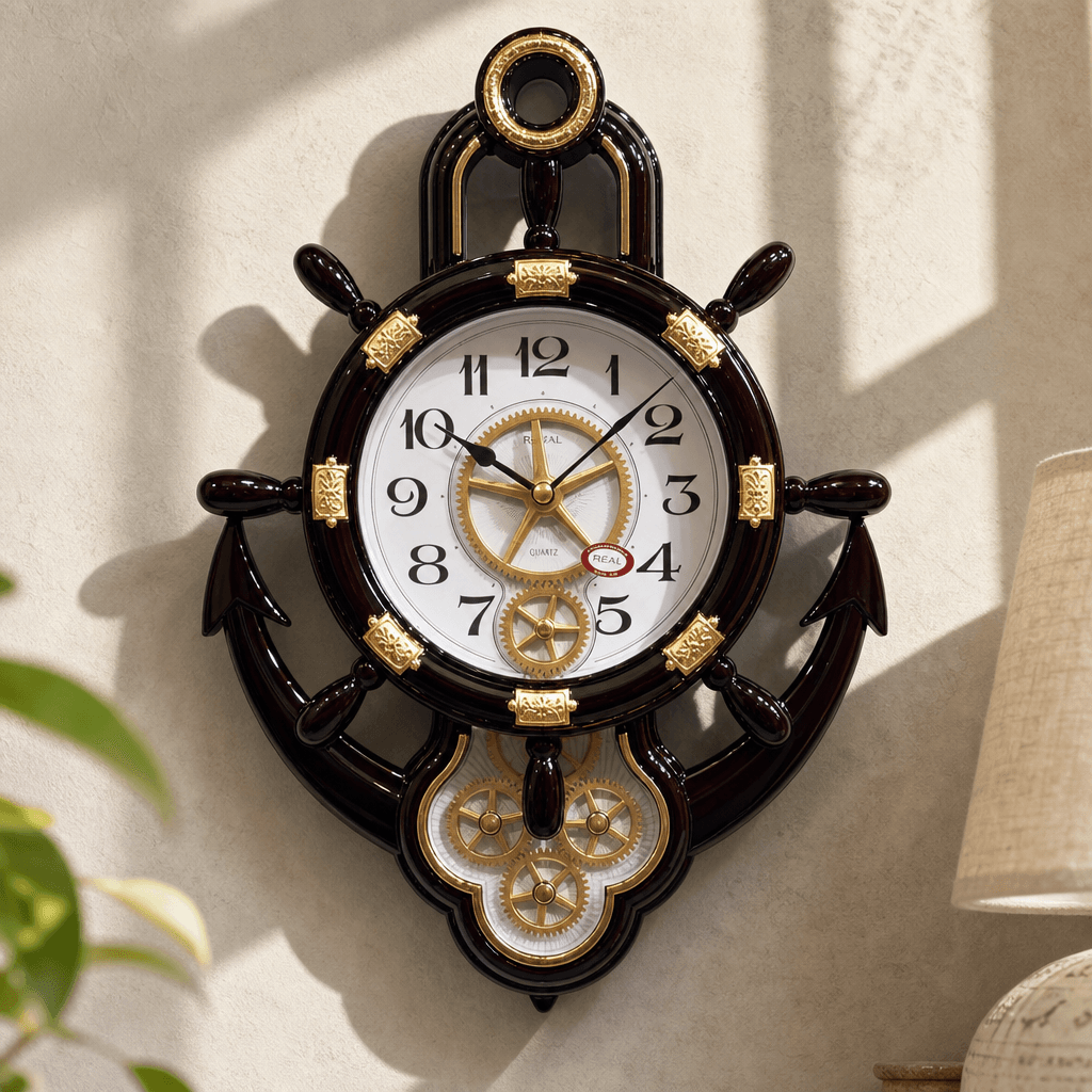 Real RG07 Nautical Ship's Wheel Wall Clock with Anchor Base, Very Dark Cherry Wood Finish - Premium Wall Clock 24 inch