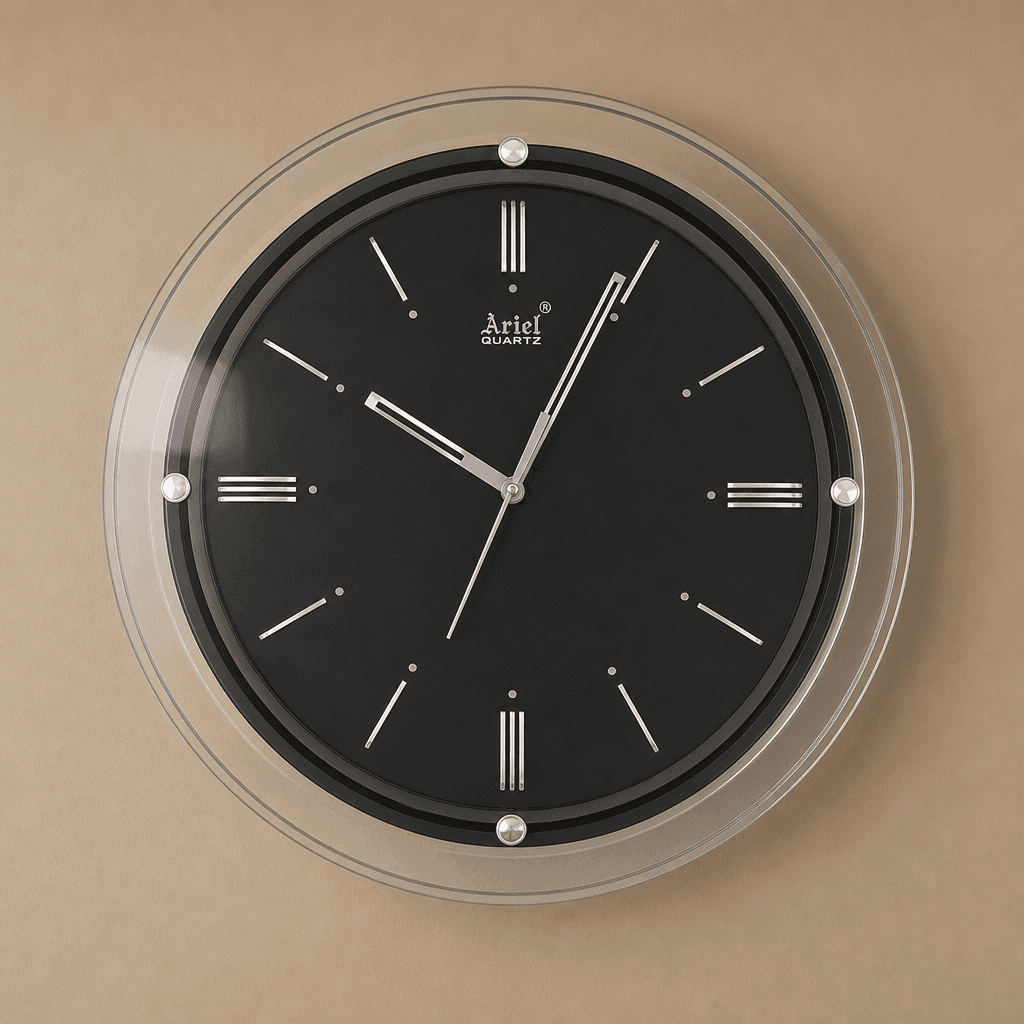 Quartz Wall Clock With Clear And Black Frame styled in a room setting 4