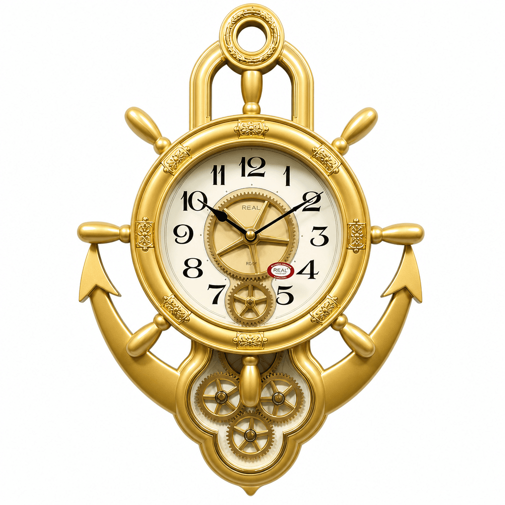Real RG07-Golden Nautical Ship Wheel and Anchor Wall Clock