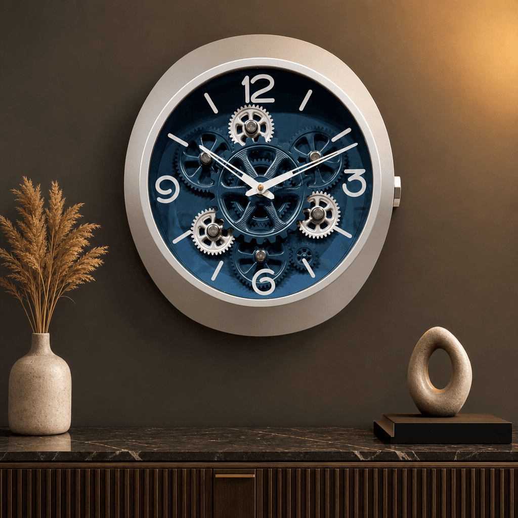Exposed Gear Wall Clock styled in a room setting 1