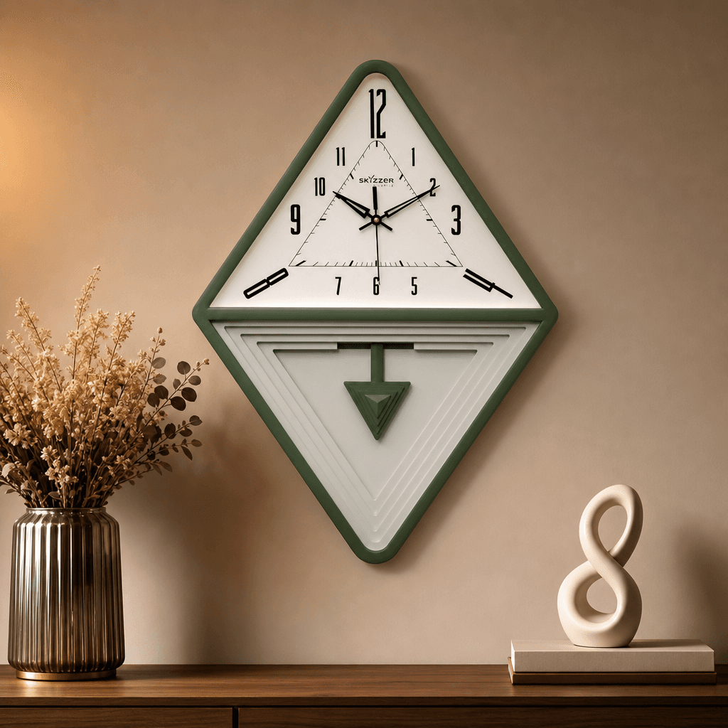 Diamond Geometric Wall Clock Brown, Black & Gold Accents styled in a room setting 4