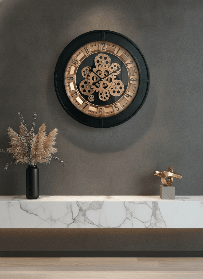 Industrial Wall Clock With Visible Gears Black & Copper Accents styled in a room setting 1
