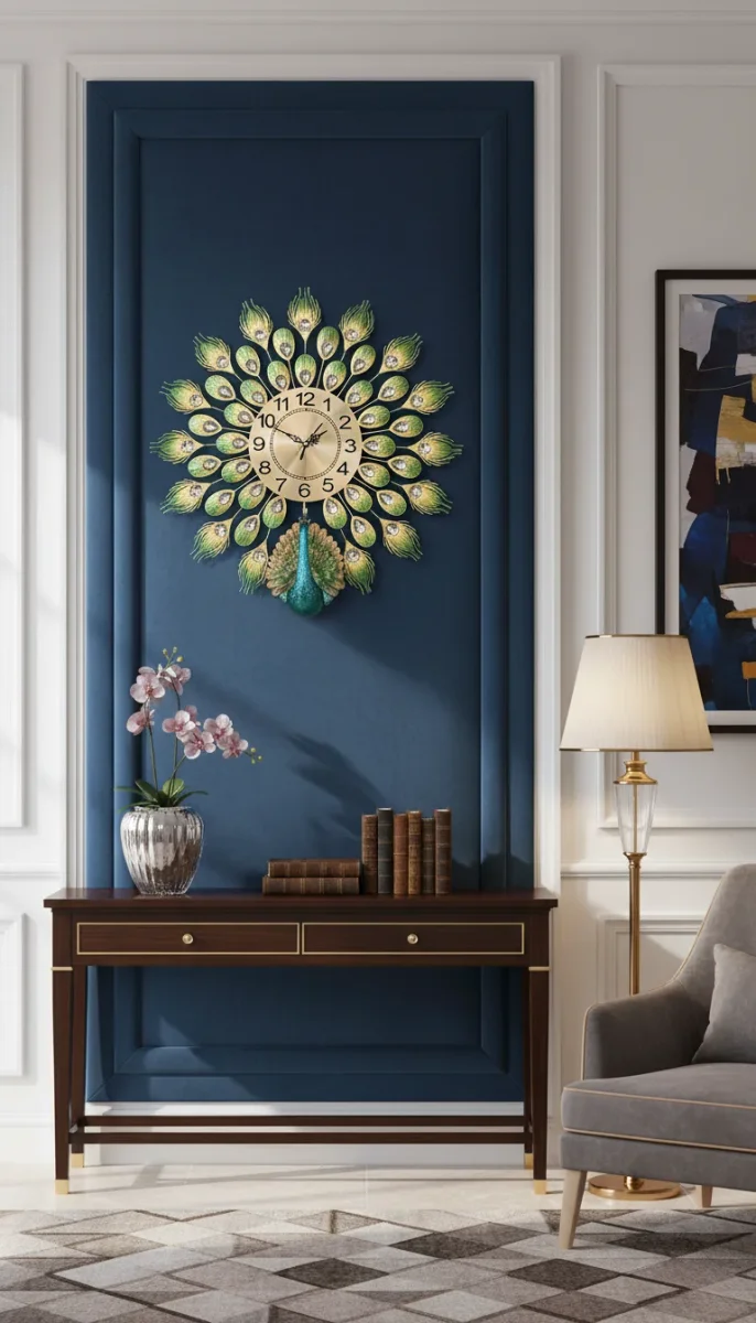 Regal Wall Clock Gold & Green Gemstone Accent styled in a room setting 2