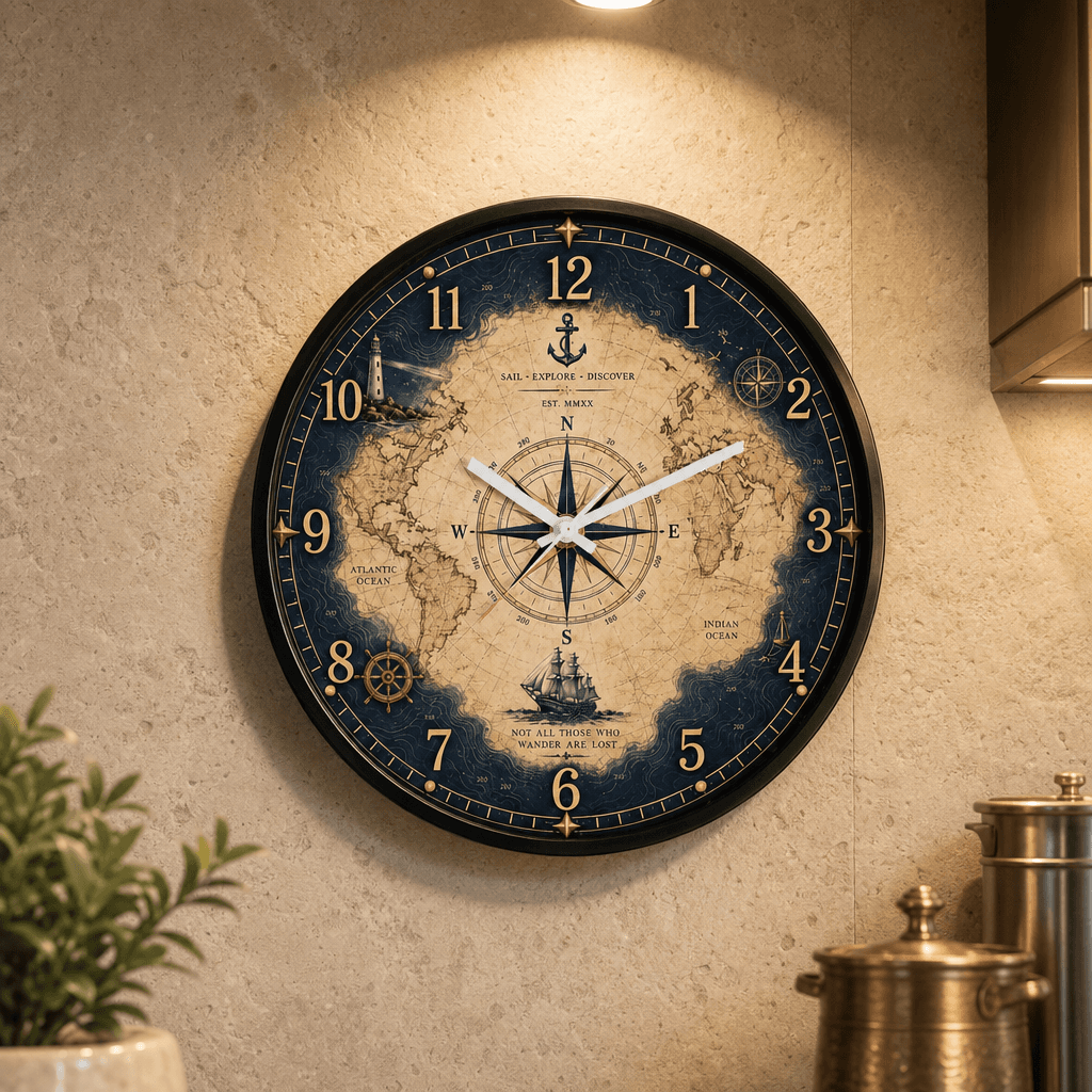 The clock Factory 031 Sail Vintage World Map Nautical Wall Clock styled in a room setting 2