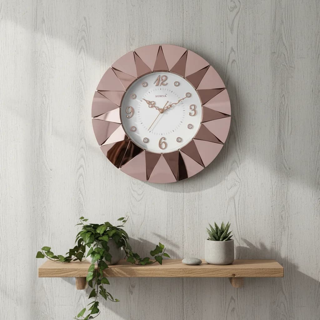 Rose Gold Sunburst Wall Clock styled in a room setting 3