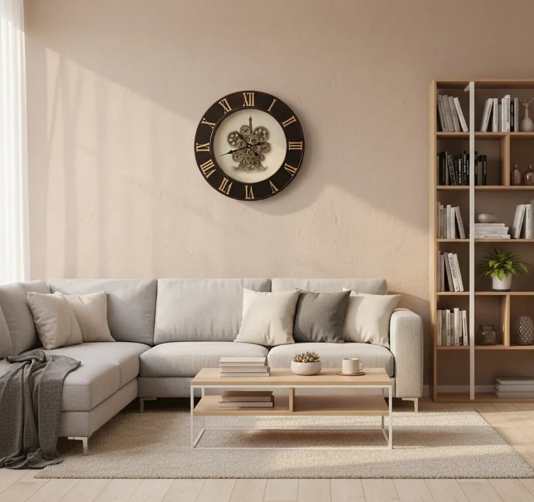 Industrial Chic Wall Clock Exposed Gears & Eiffel Tower styled in a room setting 1