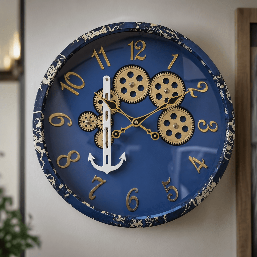 Royal Blue Wall Clock With Gears And Anchor on wall color