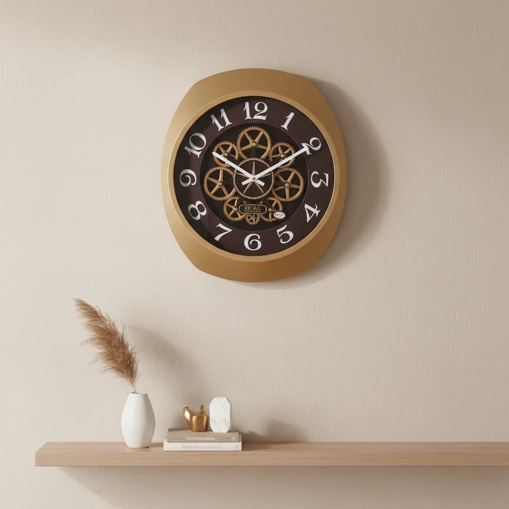 Gold Gear Wall Clock Elegant Home Decor styled in a room setting 3