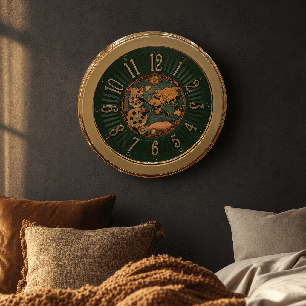 The clock Factory World Map Green Wall Clock with Visible Gears styled in a room setting 1