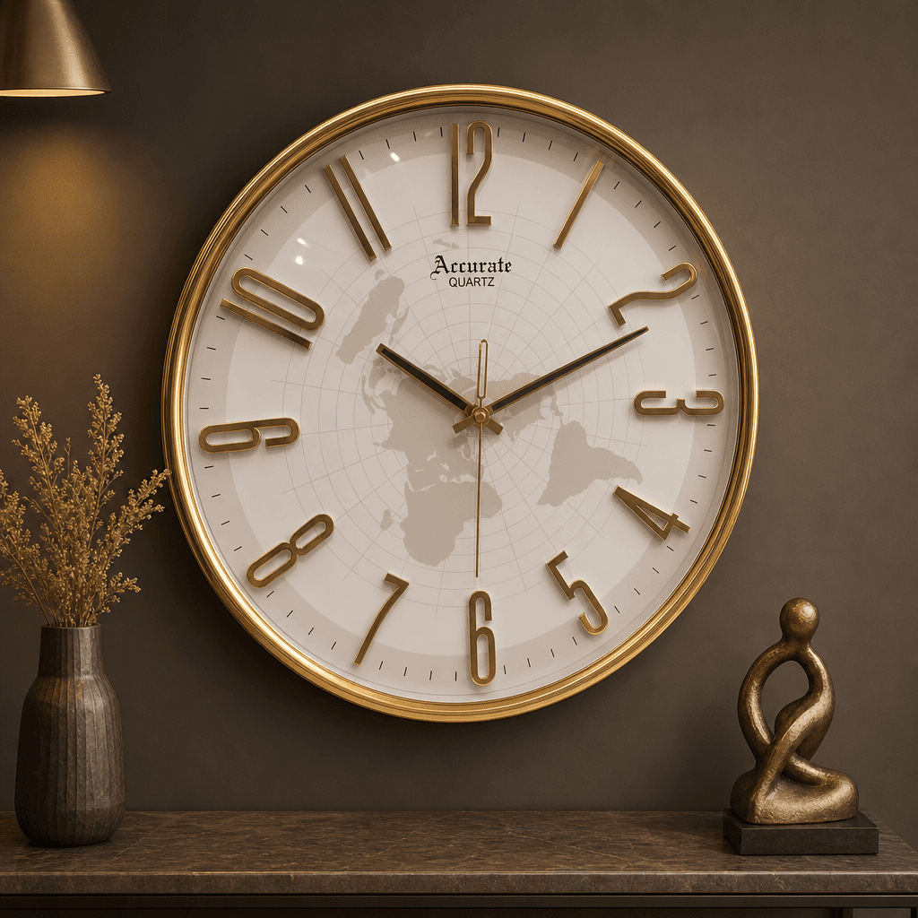 Gold Frame Wall Clock With World Map Dial styled in a room setting 2