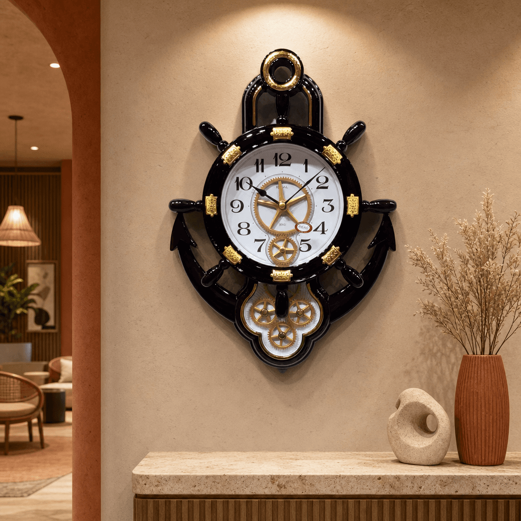 Real RG07 Nautical Ship's Wheel Wall Clock with Anchor Base, Very Dark Cherry Wood Finish styled in a room setting 1