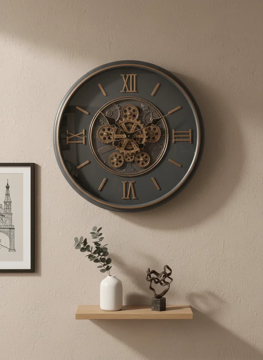Steampunk Gear Wall Clock Dark Grey styled in a room setting 3