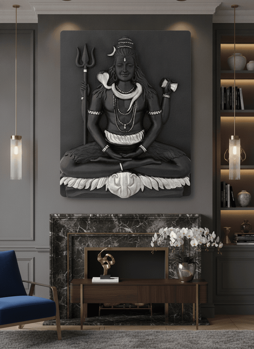 Shiv Ji Bronze Relief Wall Art styled in a room setting 4