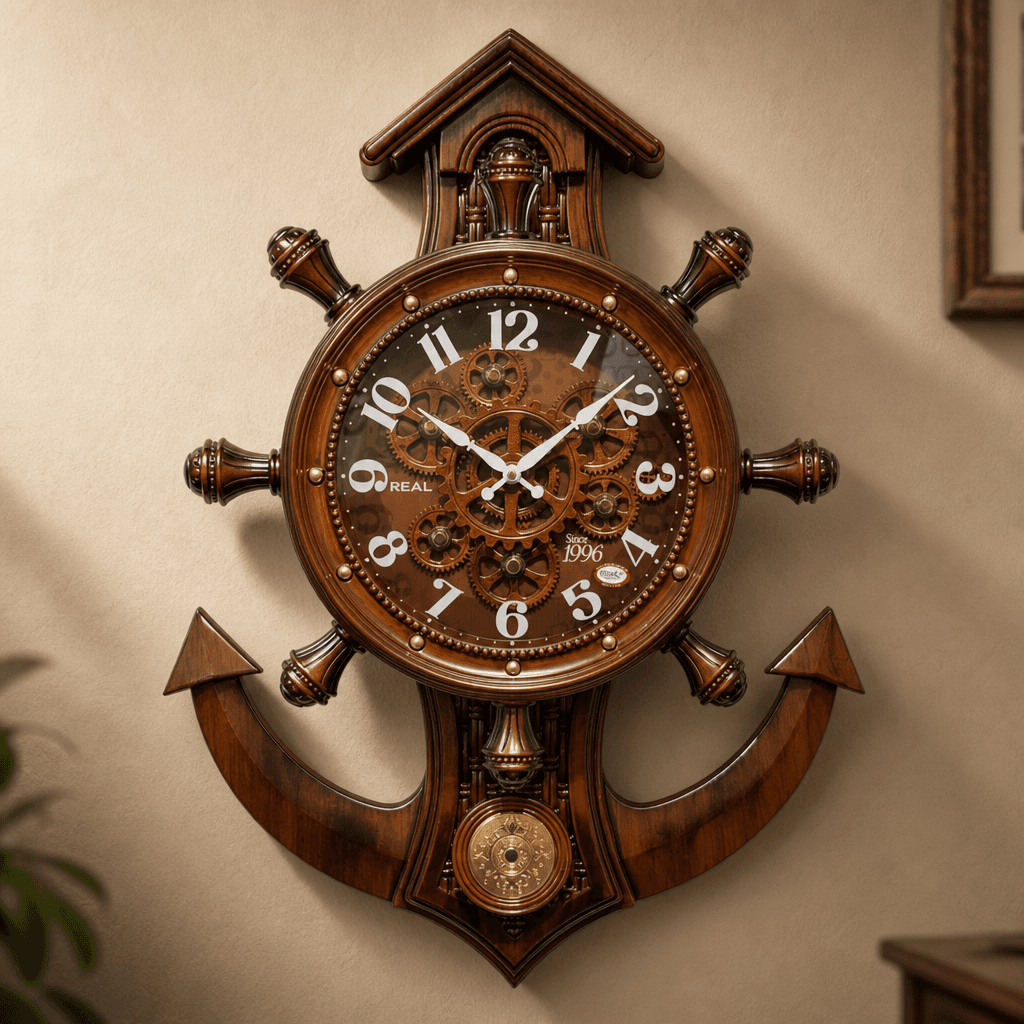 Nautical Ship's Wheel Wall Clock With Anchor styled in a room setting 1