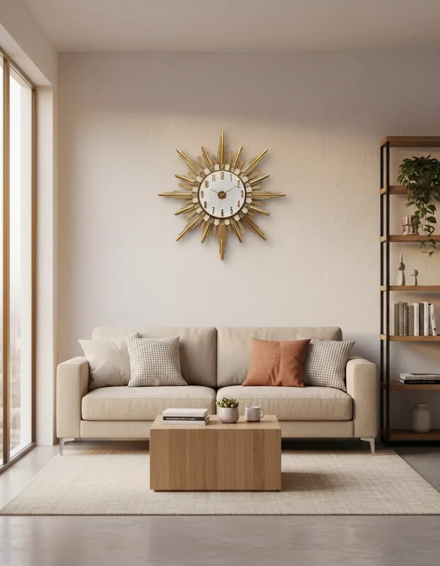 Luxurious Gold Sunburst Wall Clock Elegant Decor styled in a room setting 1