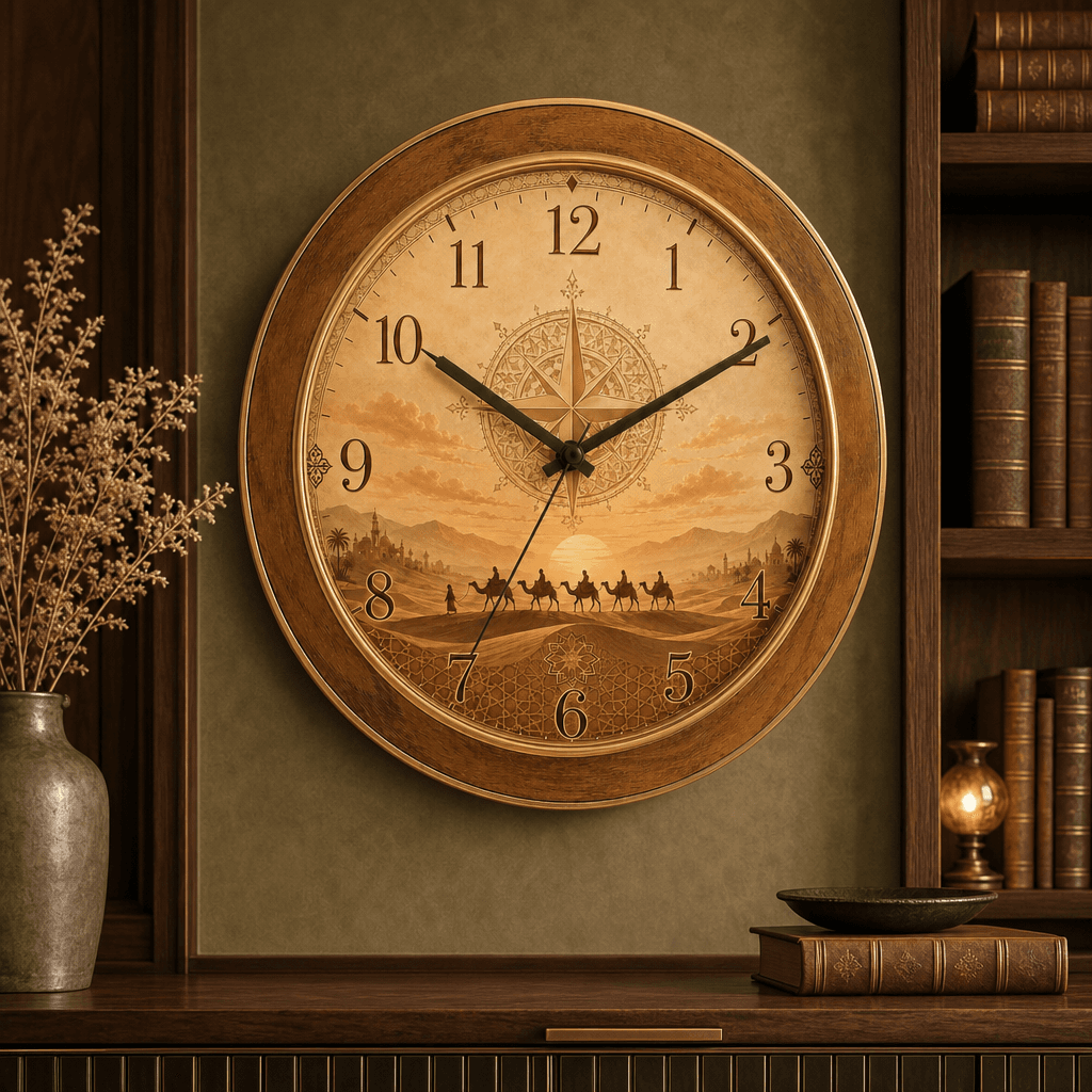 The clock Factory 'byd desert' Wall Clock - Desert Caravan Sunset styled in a room setting 3