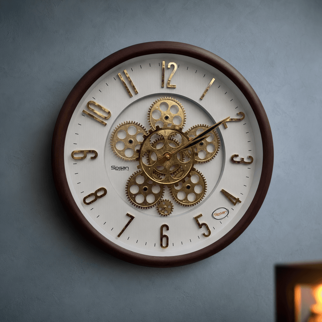 Slogan 16-inch Brown Wood Finish Exposed Gear Wall Clock - Premium Wall Clock 16 inch