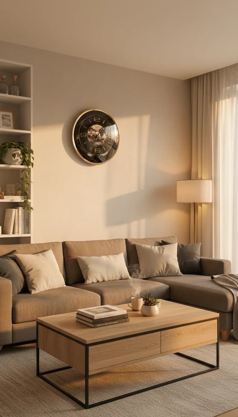 Gold & Black Wall Clock styled in a room setting 1
