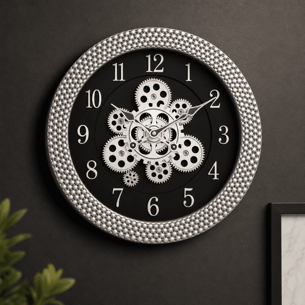 Decorative Brown & Gold Exposed Gear Wall Clock styled in a room setting 4