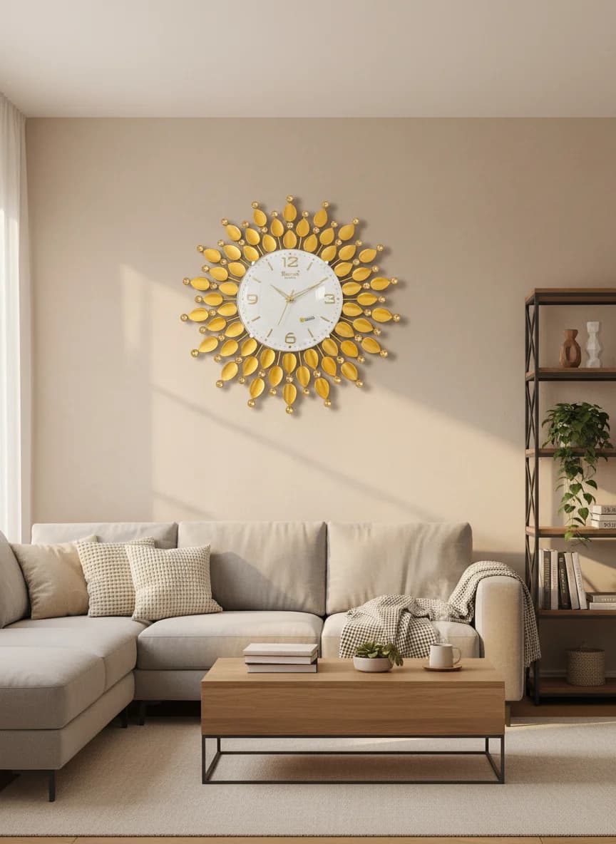 Gold Sunburst Wall Clock styled in a room setting 2