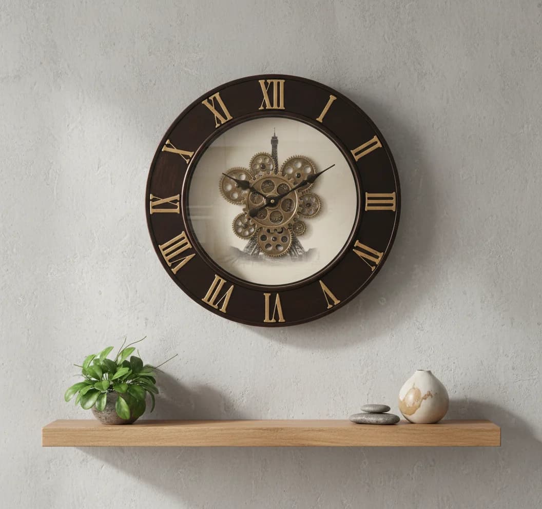 Industrial Chic Wall Clock Exposed Gears & Eiffel Tower styled in a room setting 3