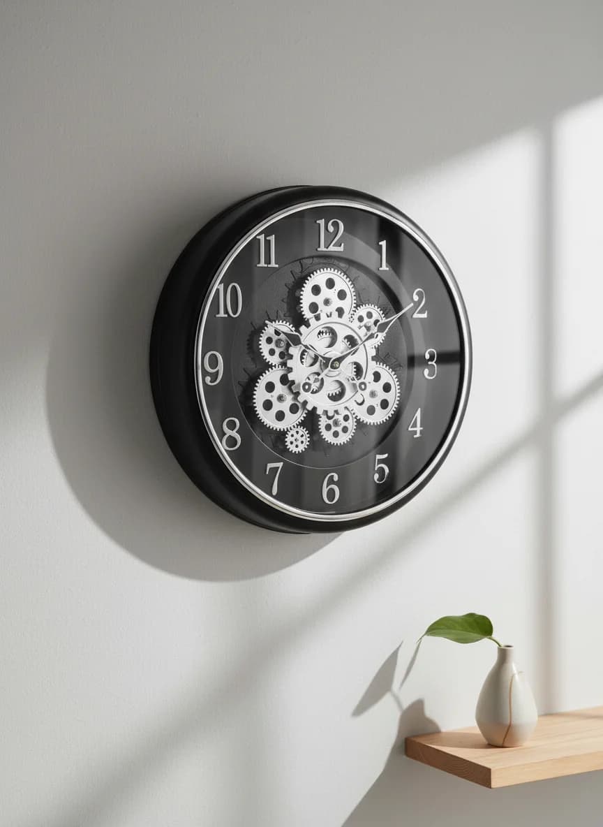 Gear Wall Clock Black styled in a room setting 3