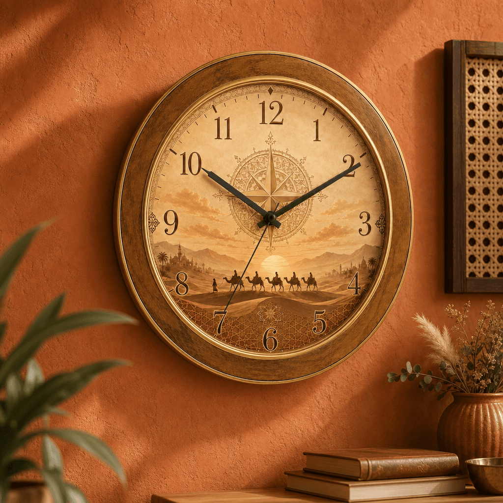 The clock Factory 'byd desert' Wall Clock - Desert Caravan Sunset styled in a room setting 2