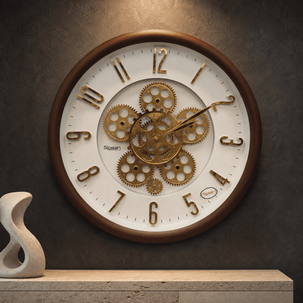 Slogan 16-inch Brown Wood Finish Exposed Gear Wall Clock styled in a room setting 1