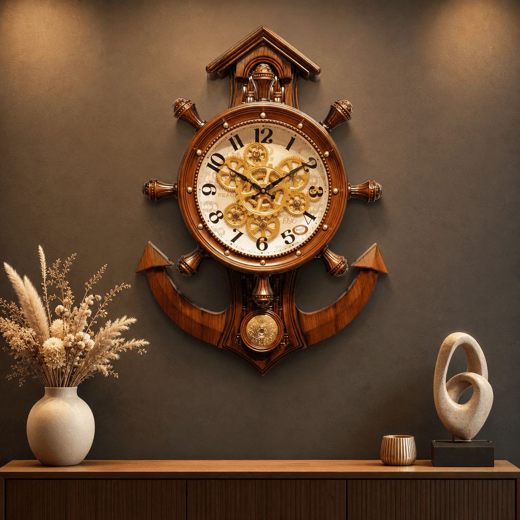 Rg 04 Dark Wood Brown Nautical Wall Clock With Visible Gears, 30x23 Inch styled in a room setting 3