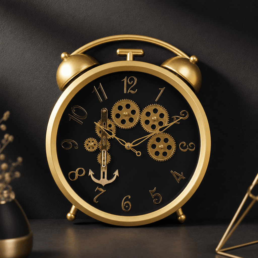 Gold Steampunk Wall Clock With Visible Gears styled in a room setting 3