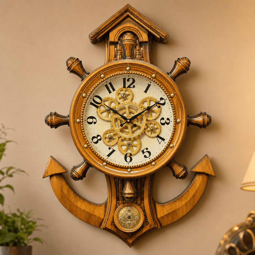 Rg 04 Nautical Ship Wheel Wall Clock With Anchor And Exposed Gears Light Ivory Wood Finish, 30x23 Inch on wall color