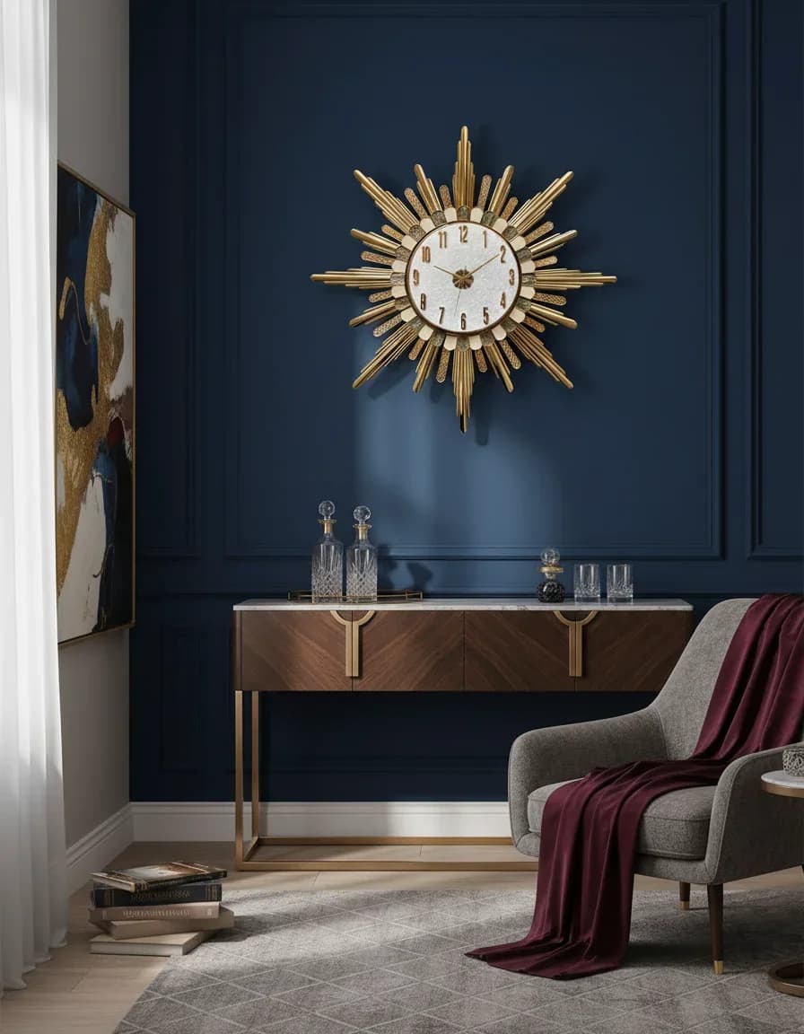 Luxurious Gold Sunburst Wall Clock Elegant Decor styled in a room setting 2
