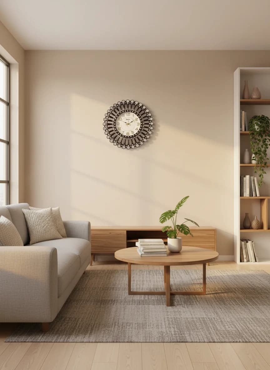Gold Mirror Wall Clock styled in a room setting 4
