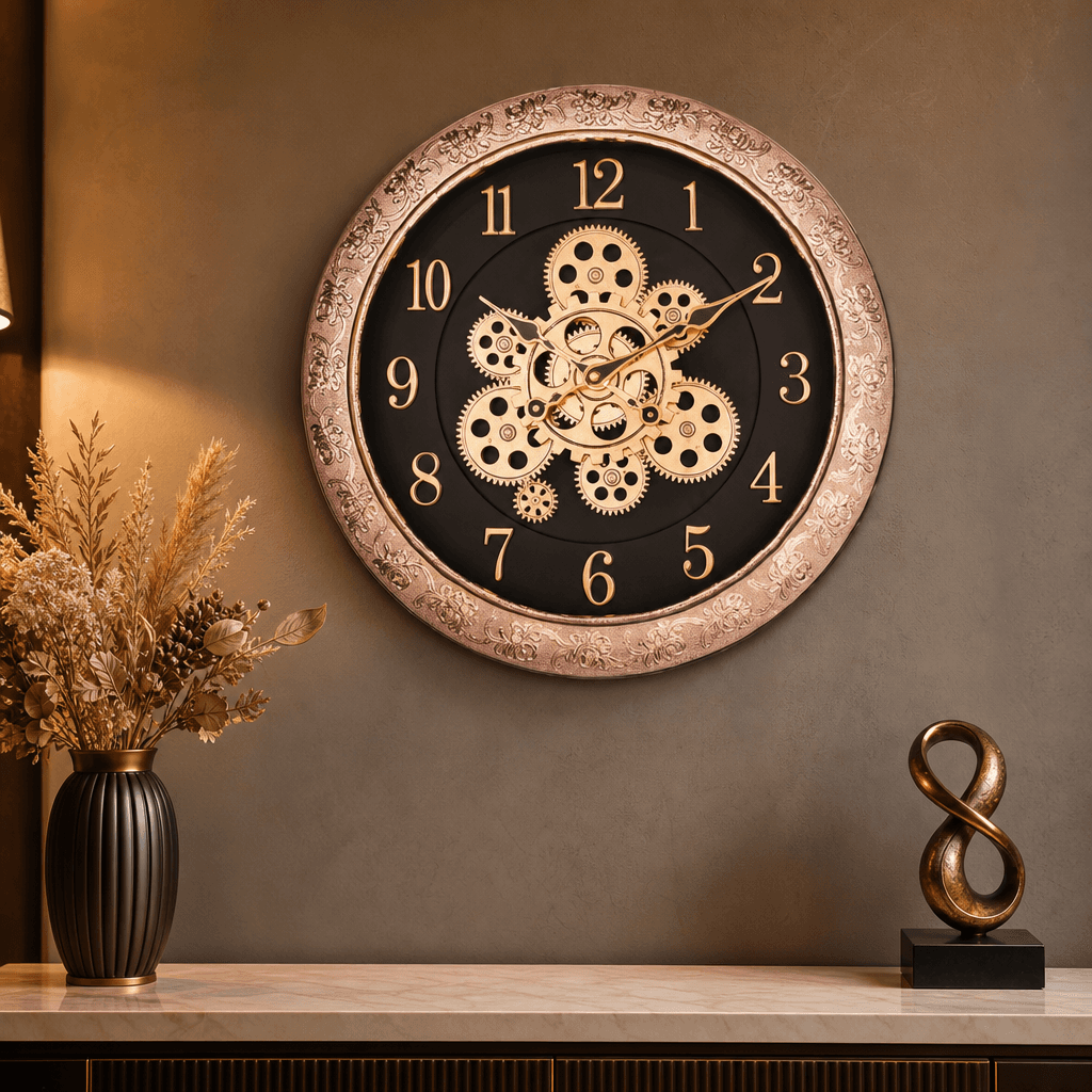 Ornate Wall Clock With Visible Gears styled in a room setting 1