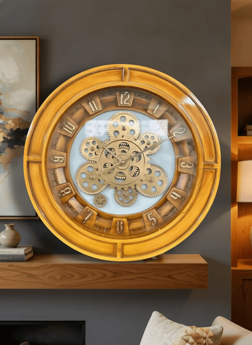 Industrial Wall Clock With Visible Gears Black & Copper Accents styled in a room setting 5