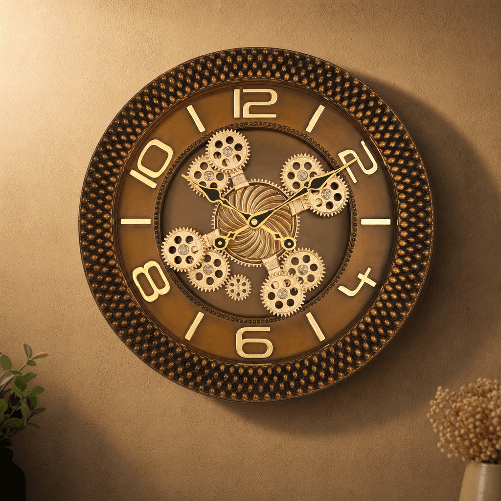 Decorative Gear Wall Clock styled in a room setting 2