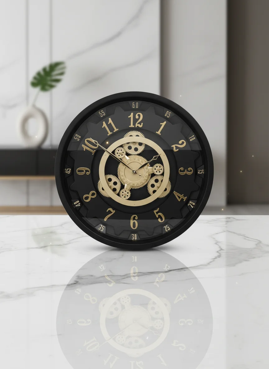 Industrial Steampunk Black & Gold Wall Clock styled in a room setting 3