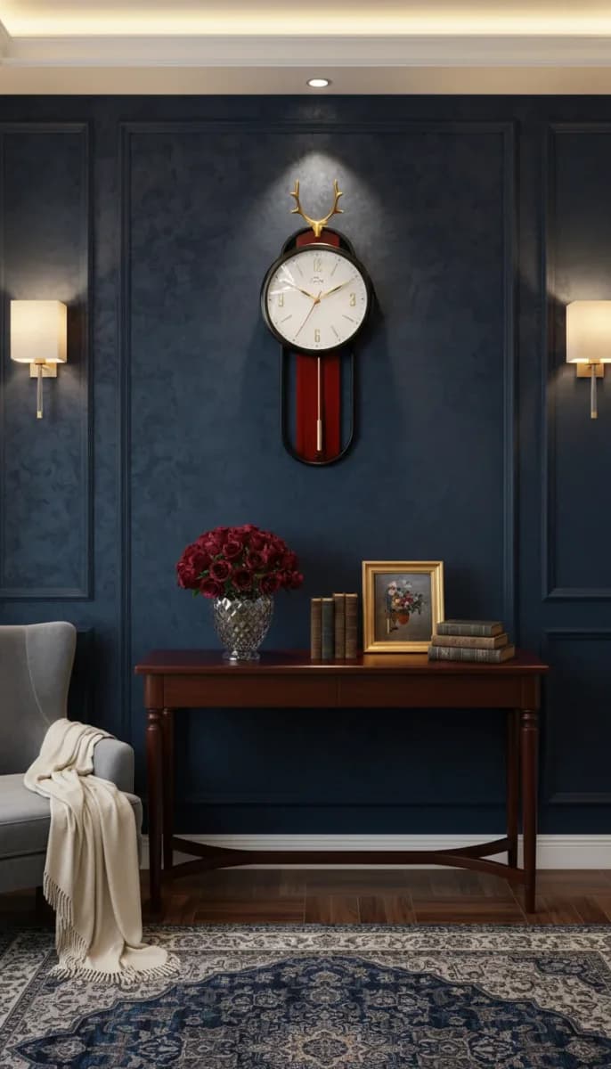 Elegant Deer Head Pendulum Wall Clock styled in a room setting 2