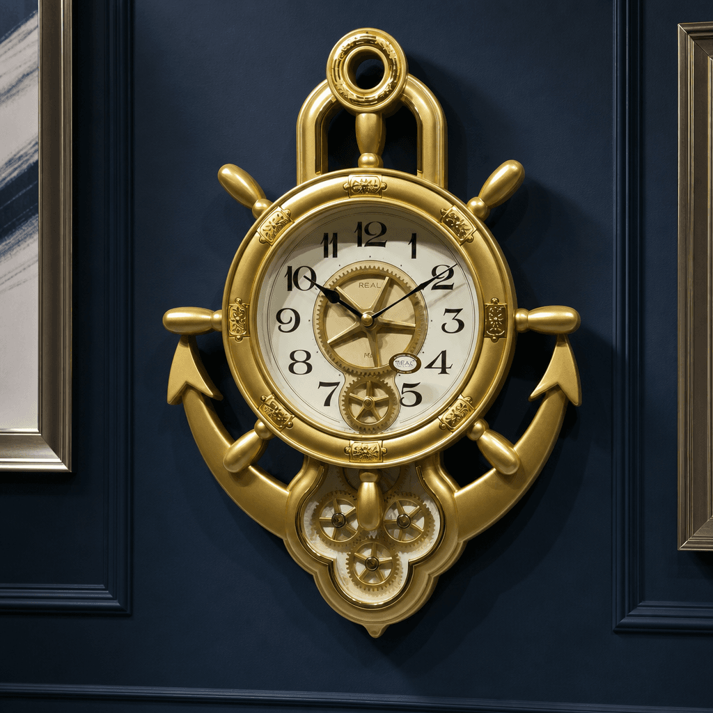 Real RG07 Brown Wood Anchor Ship Wheel Wall Clock 24x17 inch styled in a room setting 4